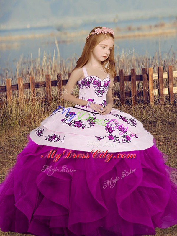 Straps Sleeveless Lace Up Embroidery and Ruffles Pageant Gowns For Girls in Fuchsia