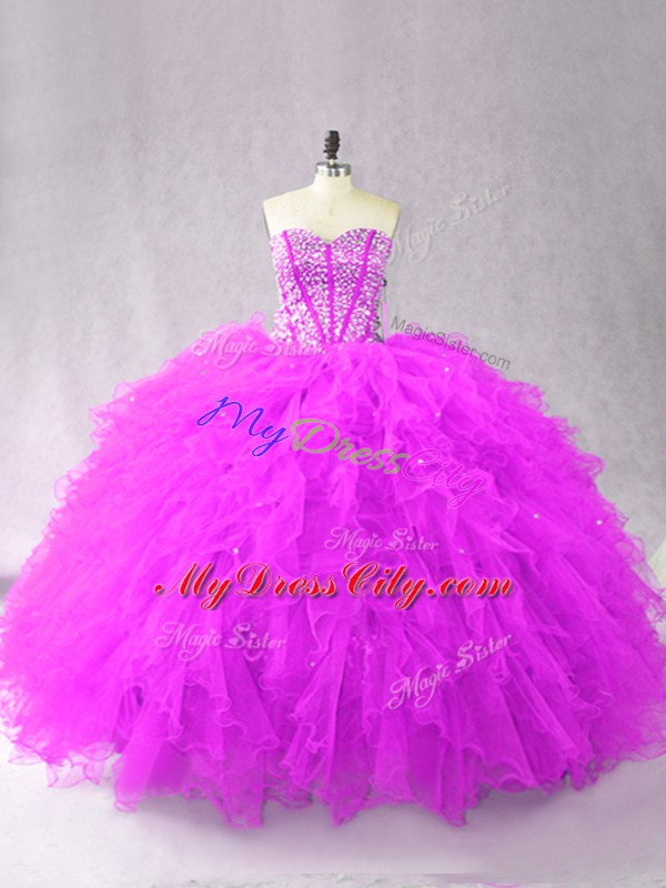 Captivating Purple Tulle Lace Up 15 Quinceanera Dress Sleeveless Floor Length Beading and Ruffles