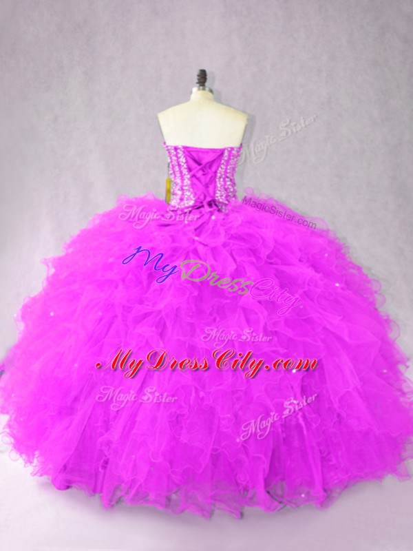 Captivating Purple Tulle Lace Up 15 Quinceanera Dress Sleeveless Floor Length Beading and Ruffles