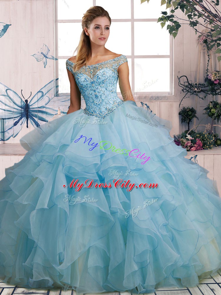 Fantastic Beading and Ruffles Sweet 16 Dress Light Blue Lace Up Sleeveless Floor Length