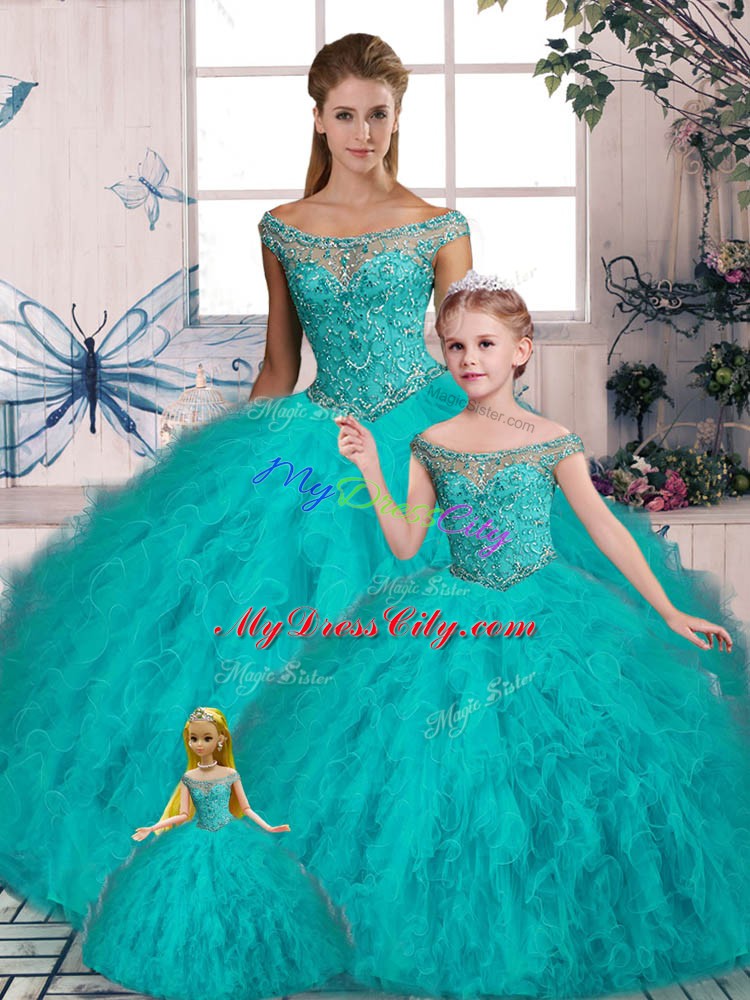 Nice Tulle Off The Shoulder Sleeveless Brush Train Lace Up Beading and Ruffles Quinceanera Dresses in Aqua Blue