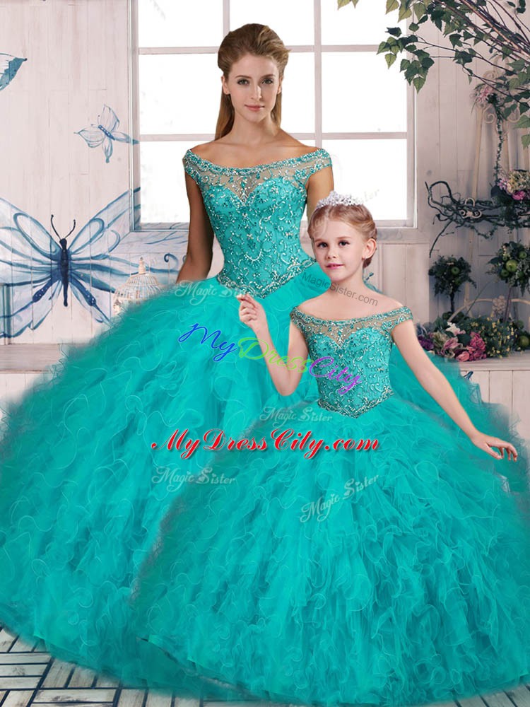 Nice Tulle Off The Shoulder Sleeveless Brush Train Lace Up Beading and Ruffles Quinceanera Dresses in Aqua Blue