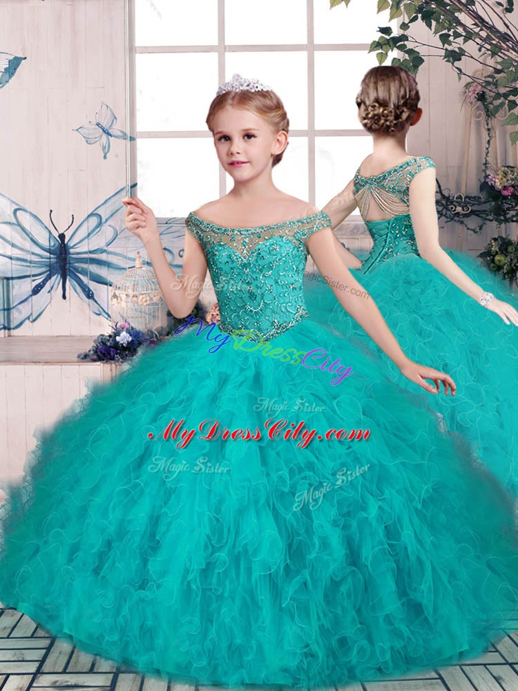 Nice Tulle Off The Shoulder Sleeveless Brush Train Lace Up Beading and Ruffles Quinceanera Dresses in Aqua Blue