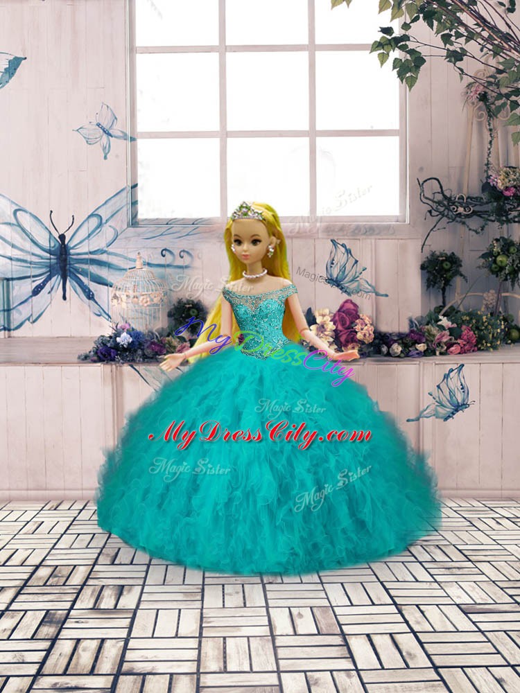 Nice Tulle Off The Shoulder Sleeveless Brush Train Lace Up Beading and Ruffles Quinceanera Dresses in Aqua Blue