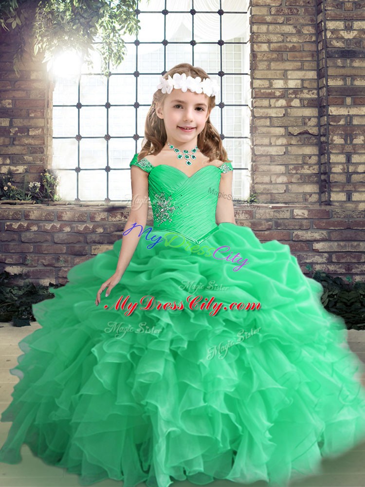 Dramatic Apple Green Lace Up Straps Beading and Ruffles and Pick Ups Little Girls Pageant Dress Organza Sleeveless