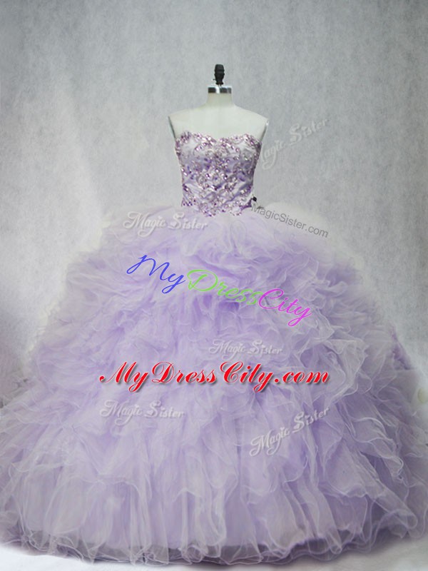 Lace Up Sweet 16 Dresses Lavender for Sweet 16 and Quinceanera with Ruffles Brush Train