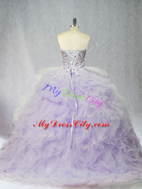 Lace Up Sweet 16 Dresses Lavender for Sweet 16 and Quinceanera with Ruffles Brush Train