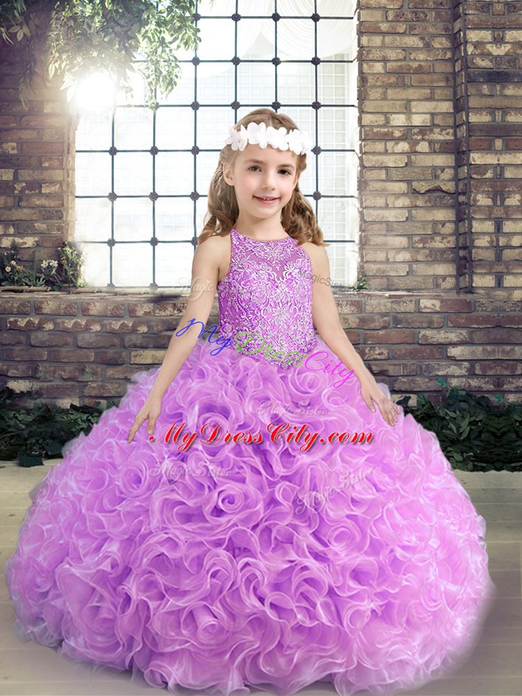 Best Lilac Fabric With Rolling Flowers Lace Up Scoop Sleeveless Floor Length Girls Pageant Dresses Beading