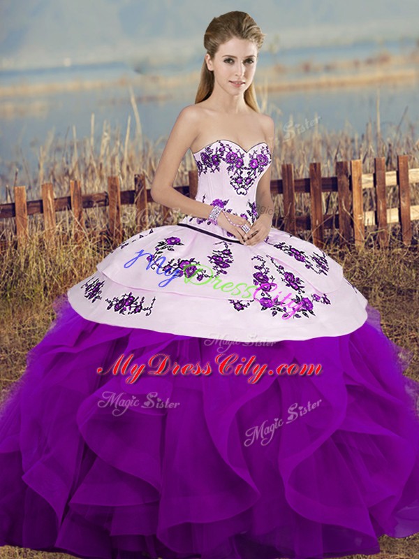 New Arrival White And Purple Sleeveless Floor Length Embroidery and Ruffles and Bowknot Lace Up Sweet 16 Dresses