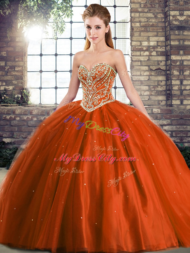 Fine Beading Sweet 16 Dress Rust Red Lace Up Sleeveless Brush Train