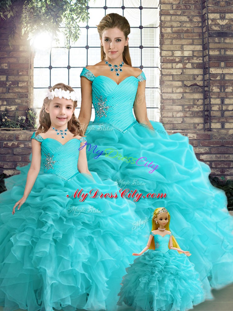 Clearance Aqua Blue Off The Shoulder Neckline Beading and Ruffles and Pick Ups Sweet 16 Dress Sleeveless Lace Up