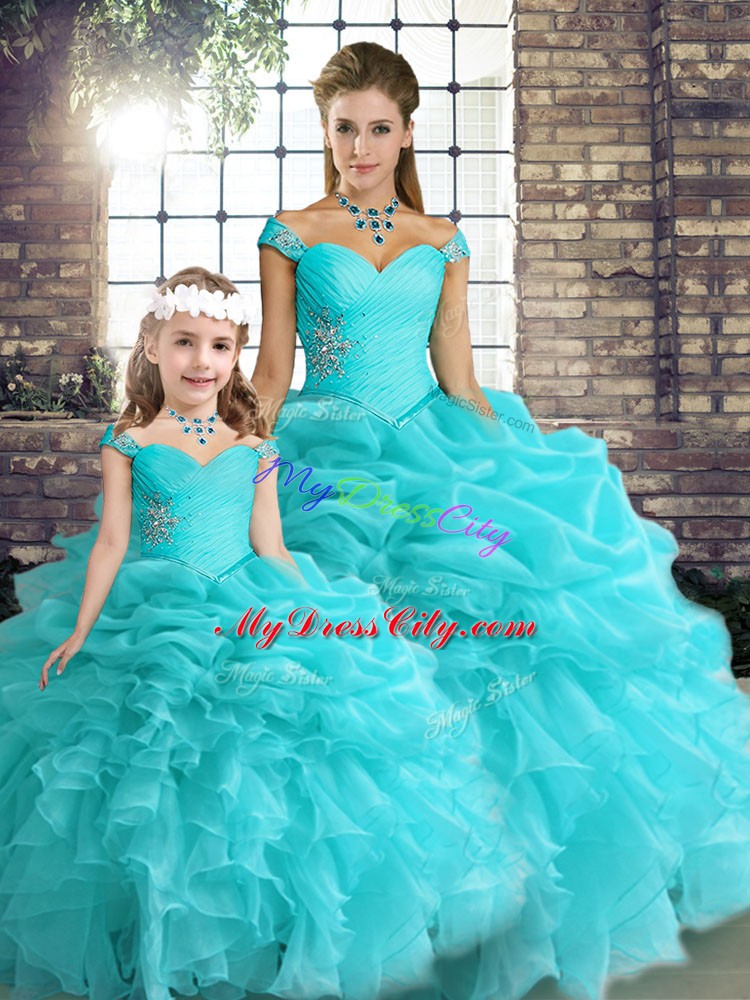 Clearance Aqua Blue Off The Shoulder Neckline Beading and Ruffles and Pick Ups Sweet 16 Dress Sleeveless Lace Up