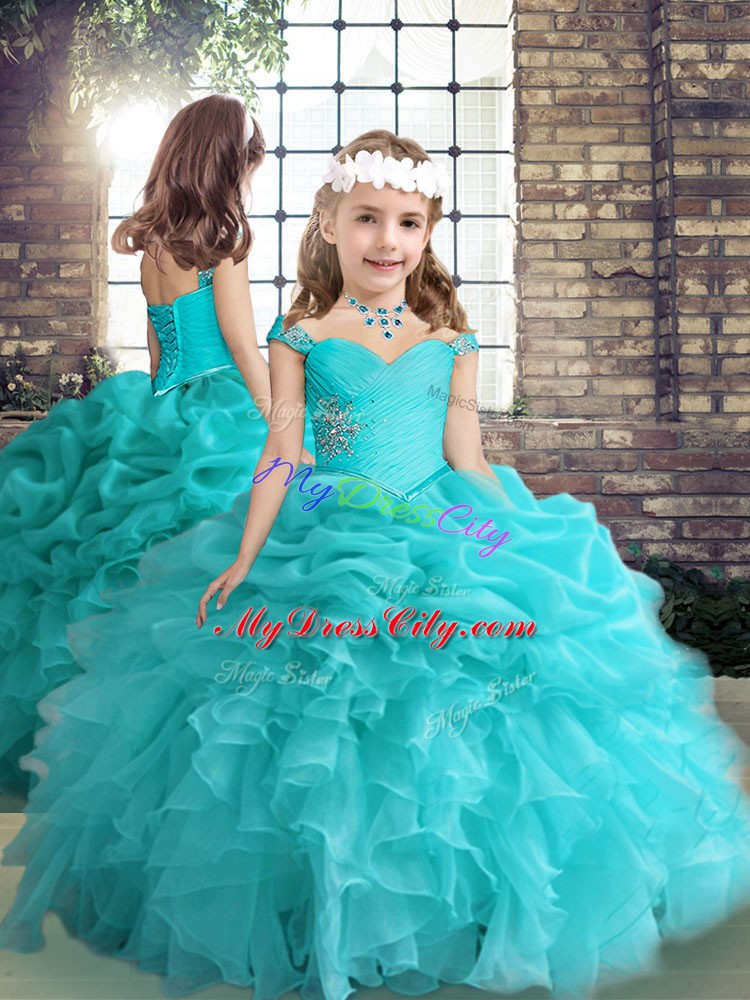 Clearance Aqua Blue Off The Shoulder Neckline Beading and Ruffles and Pick Ups Sweet 16 Dress Sleeveless Lace Up