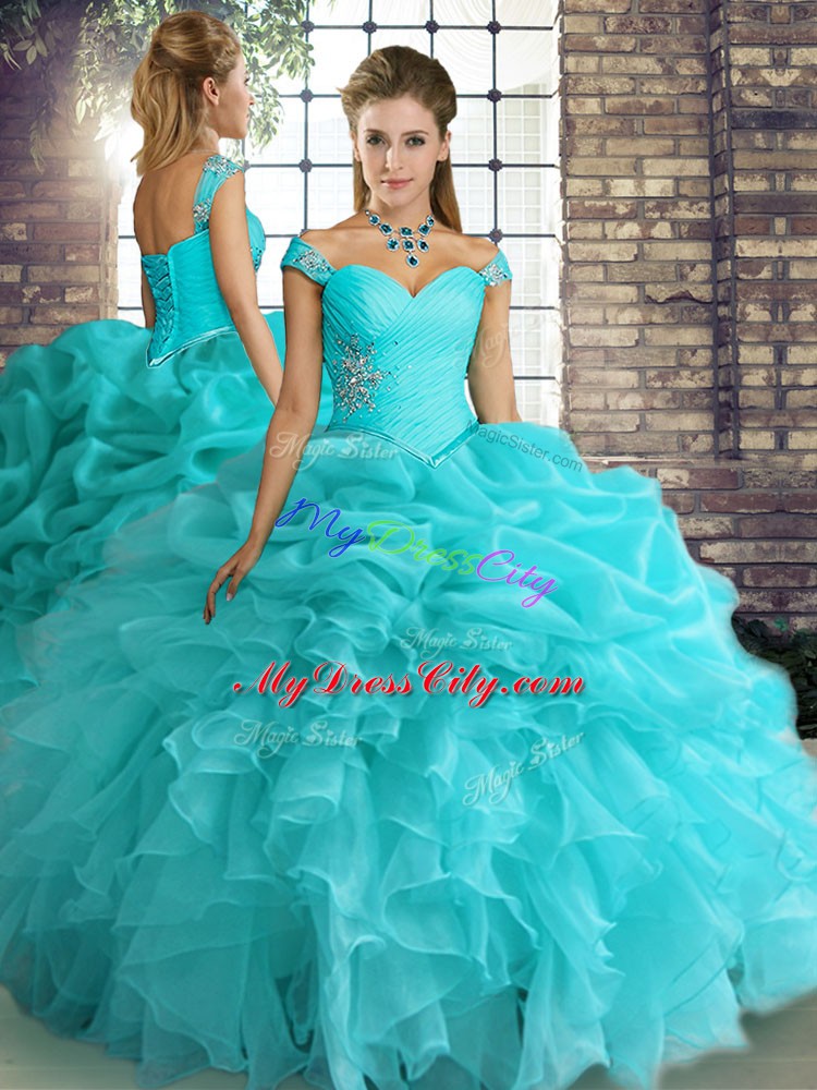 Clearance Aqua Blue Off The Shoulder Neckline Beading and Ruffles and Pick Ups Sweet 16 Dress Sleeveless Lace Up