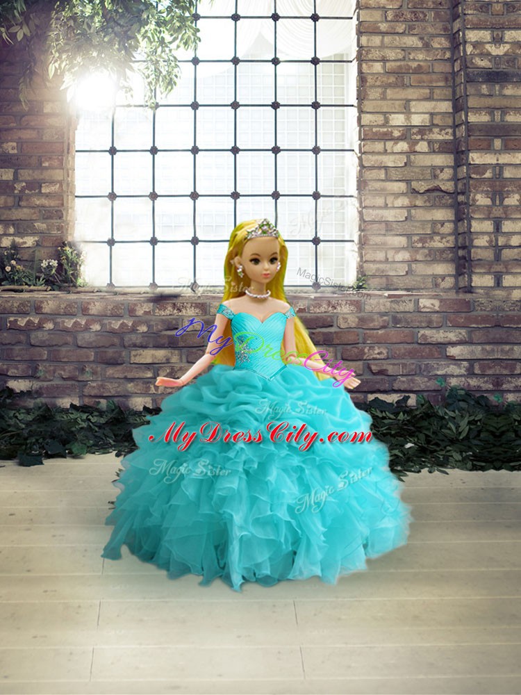 Clearance Aqua Blue Off The Shoulder Neckline Beading and Ruffles and Pick Ups Sweet 16 Dress Sleeveless Lace Up