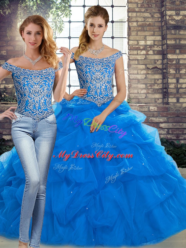 Custom Fit Blue Lace Up Quinceanera Gowns Beading and Pick Ups Sleeveless Brush Train