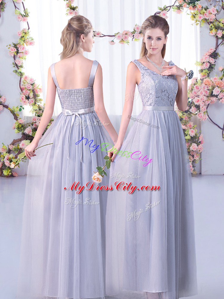 Floor Length Grey Bridesmaids Dress Tulle Half Sleeves Lace and Belt