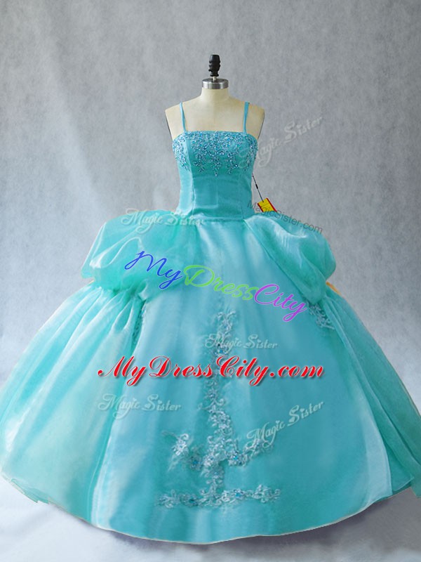 Exquisite Aqua Blue Straps Neckline Appliques 15th Birthday Dress Sleeveless Lace Up