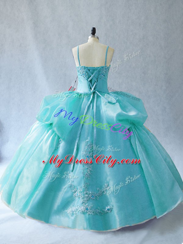 Exquisite Aqua Blue Straps Neckline Appliques 15th Birthday Dress Sleeveless Lace Up