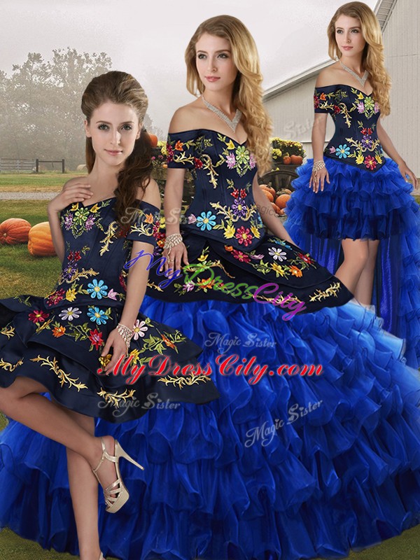 Free and Easy Embroidery and Ruffled Layers Ball Gown Prom Dress Blue And Black Lace Up Sleeveless Floor Length