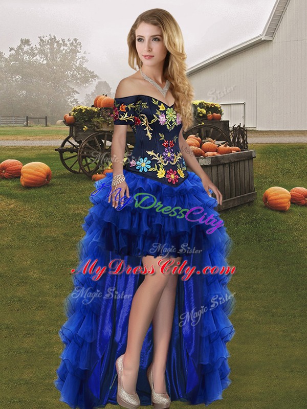 Free and Easy Embroidery and Ruffled Layers Ball Gown Prom Dress Blue And Black Lace Up Sleeveless Floor Length