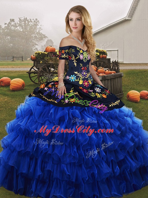 Blue And Black Off The Shoulder Lace Up Embroidery and Ruffled Layers 15th Birthday Dress Sleeveless