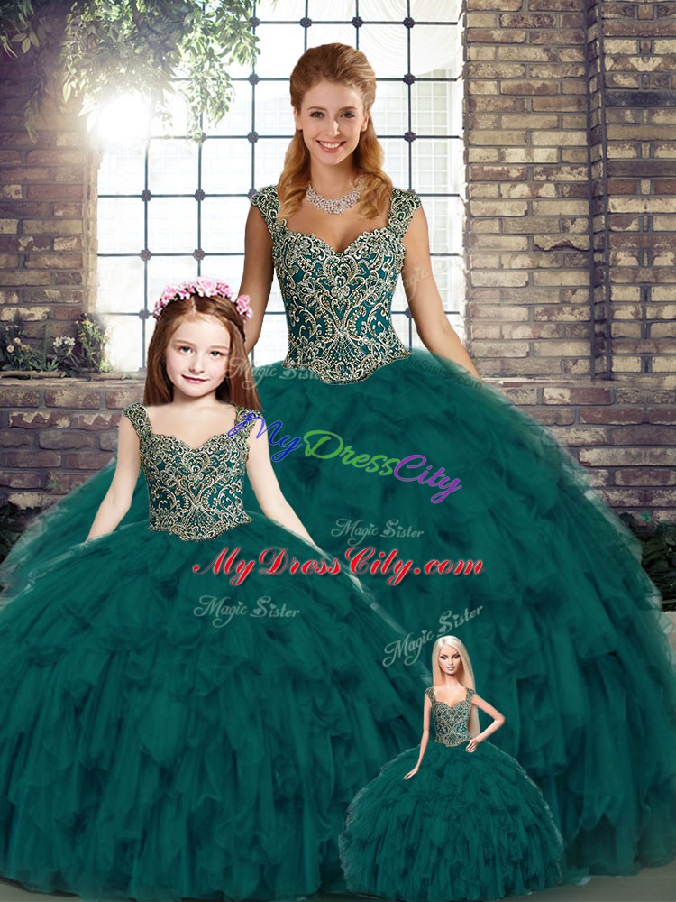 Luxurious Floor Length Peacock Green Sweet 16 Dresses Organza Sleeveless Beading and Ruffles