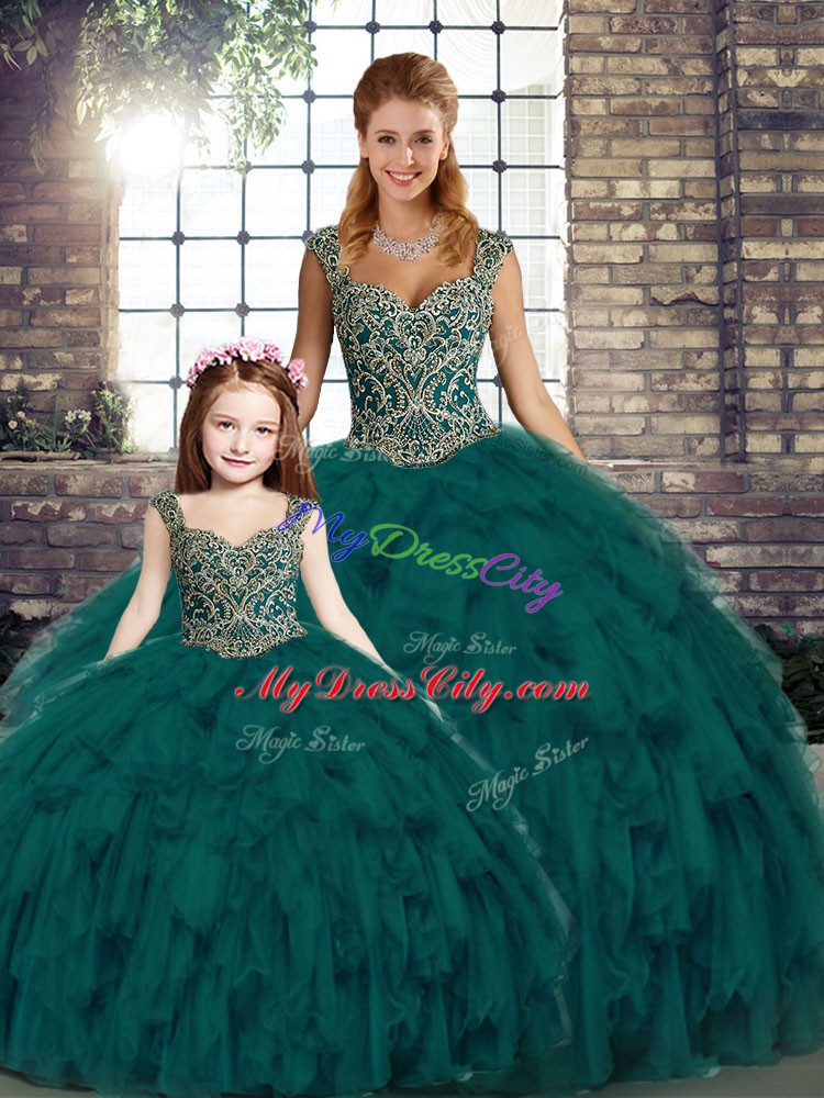 Luxurious Floor Length Peacock Green Sweet 16 Dresses Organza Sleeveless Beading and Ruffles