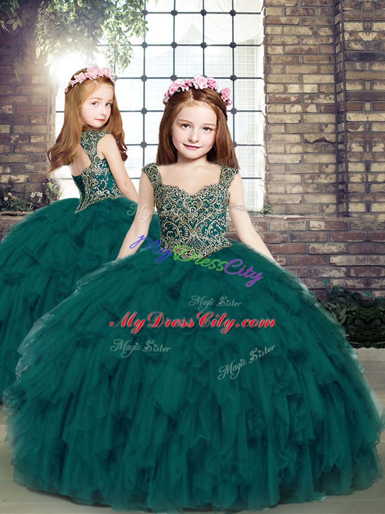 Luxurious Floor Length Peacock Green Sweet 16 Dresses Organza Sleeveless Beading and Ruffles