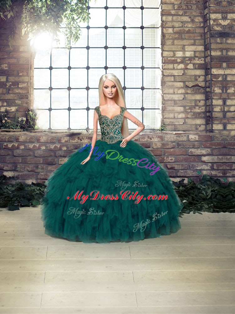 Luxurious Floor Length Peacock Green Sweet 16 Dresses Organza Sleeveless Beading and Ruffles