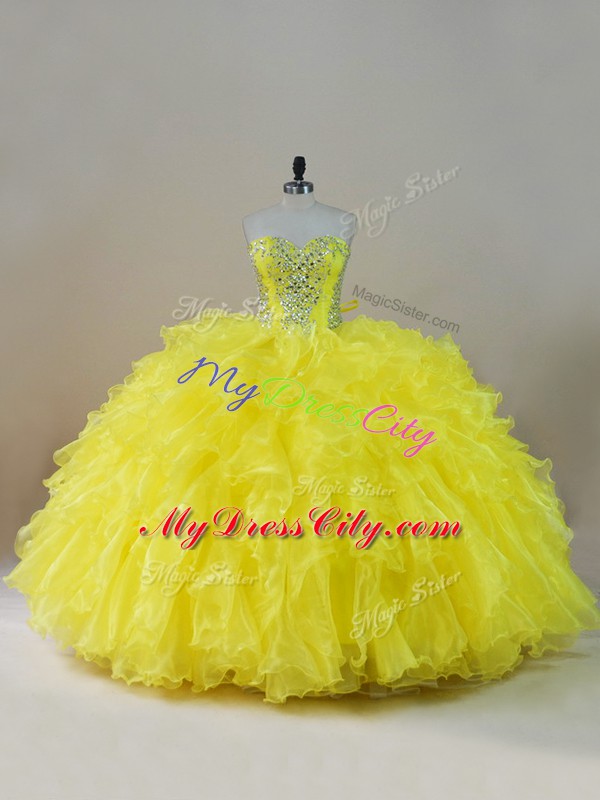 Comfortable Organza Sweetheart Sleeveless Lace Up Beading and Ruffles Quince Ball Gowns in Yellow