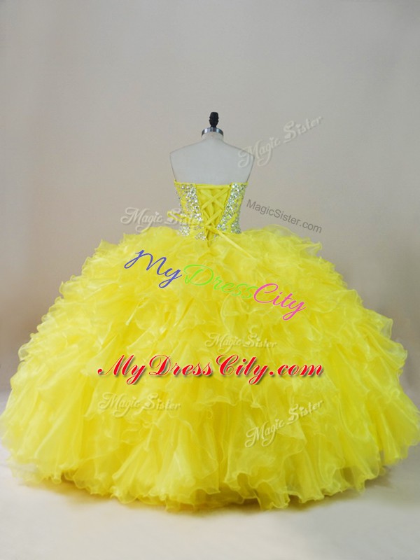 Comfortable Organza Sweetheart Sleeveless Lace Up Beading and Ruffles Quince Ball Gowns in Yellow