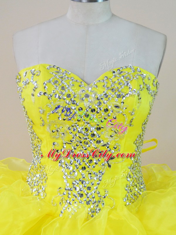 Comfortable Organza Sweetheart Sleeveless Lace Up Beading and Ruffles Quince Ball Gowns in Yellow