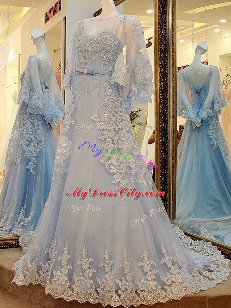 Discount Long Sleeves Lace and Appliques and Belt Lace Up with Light Blue Court Train