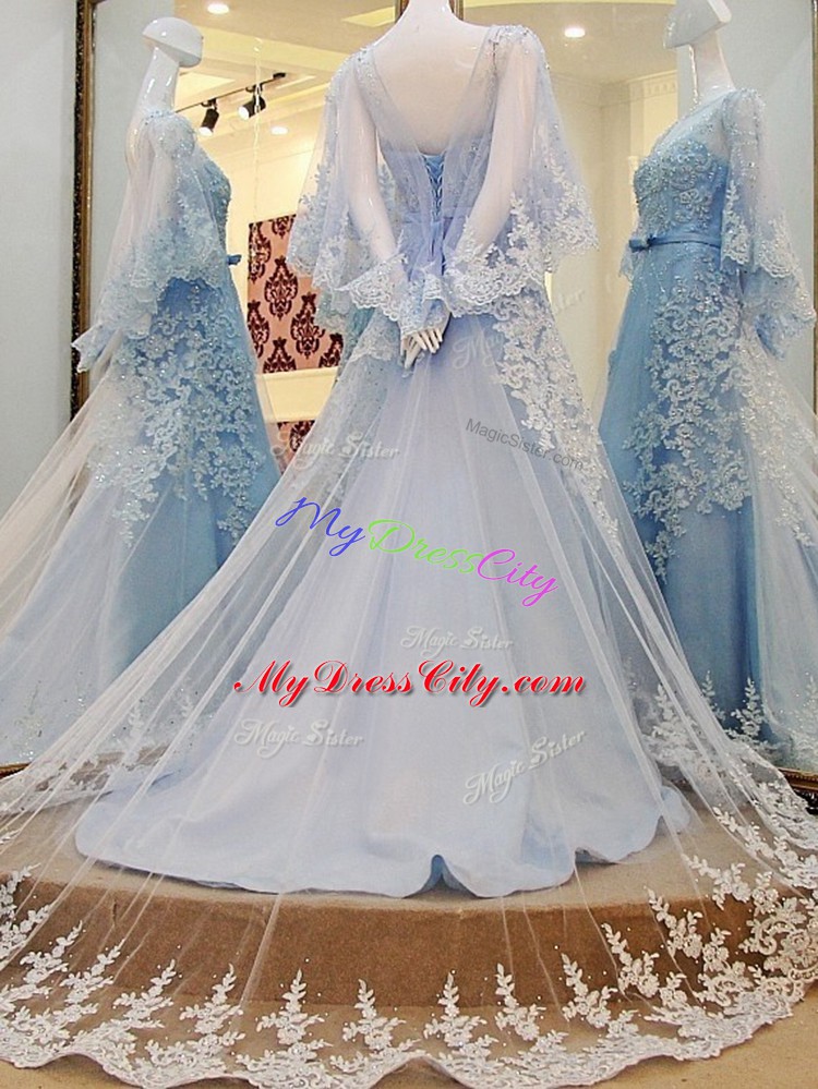 Discount Long Sleeves Lace and Appliques and Belt Lace Up with Light Blue Court Train