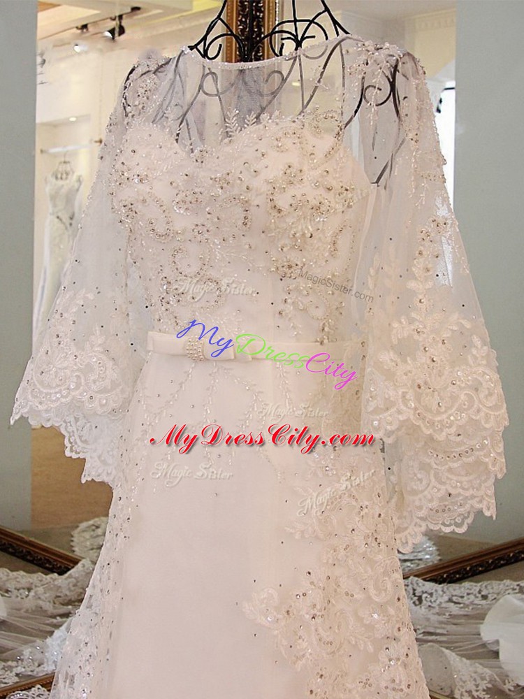 Discount Long Sleeves Lace and Appliques and Belt Lace Up with Light Blue Court Train