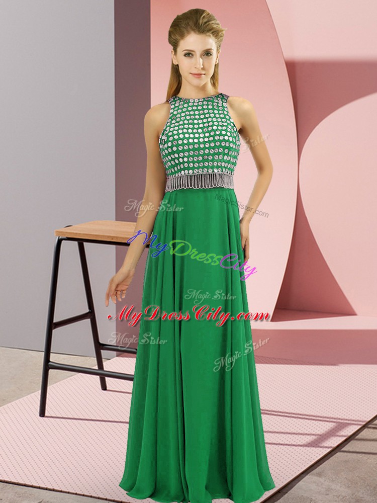 Affordable Green Sleeveless Beading Floor Length Homecoming Dresses