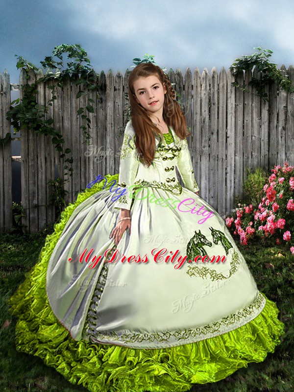 Straps Sleeveless Satin and Organza Little Girl Pageant Gowns Embroidery and Ruffles Sweep Train Lace Up