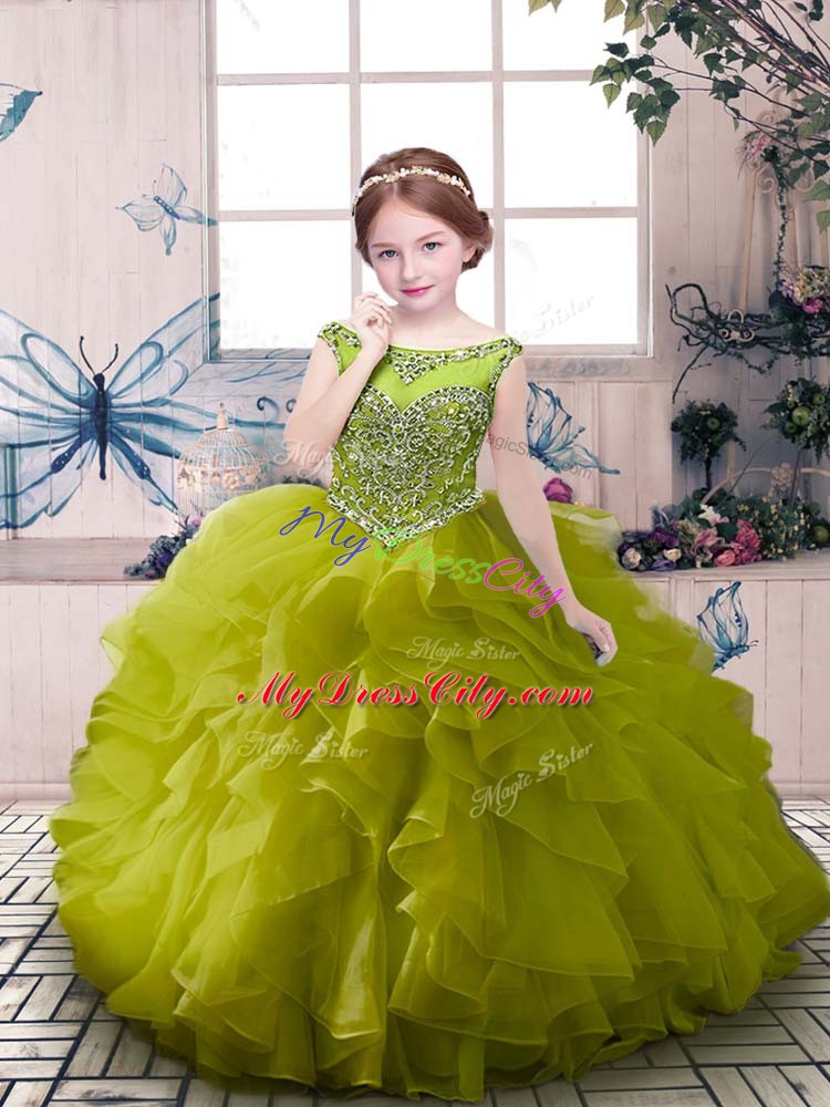 Beading and Ruffles Little Girls Pageant Dress Olive Green Zipper Sleeveless Floor Length