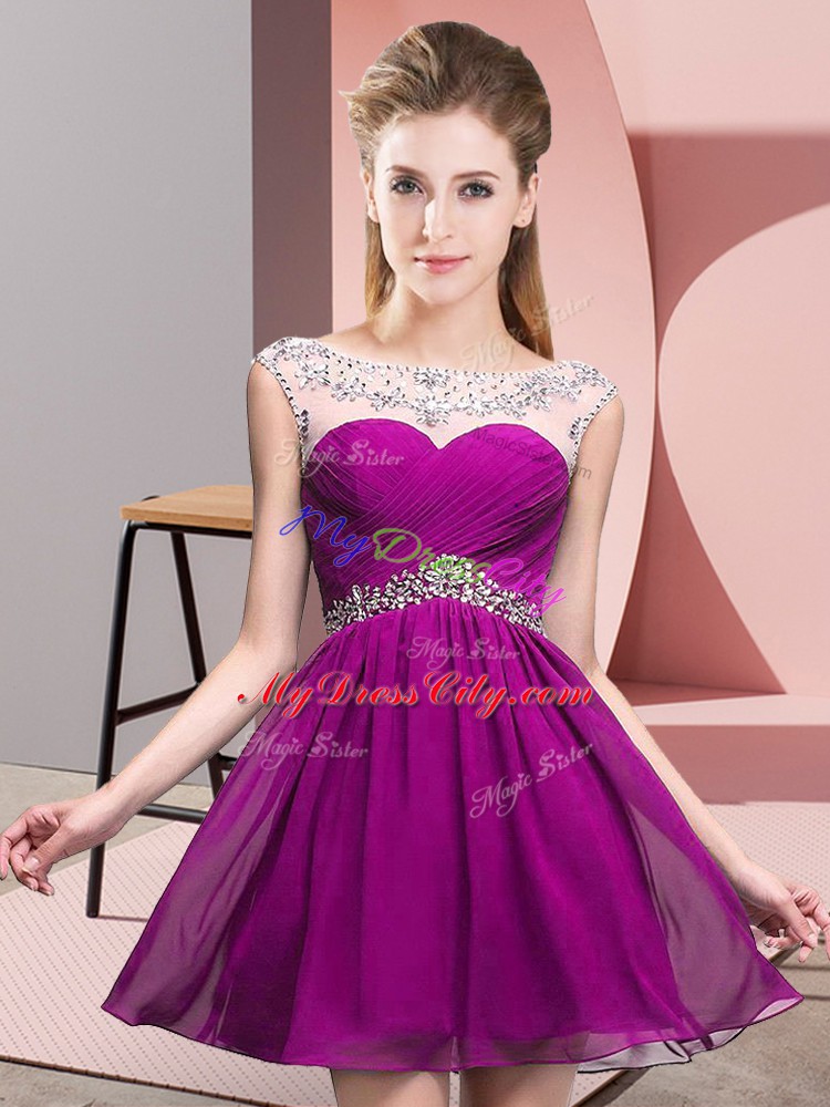 New Style Fuchsia A-line Chiffon Scoop Sleeveless Beading and Ruching Mini Length Backless Prom Party Dress