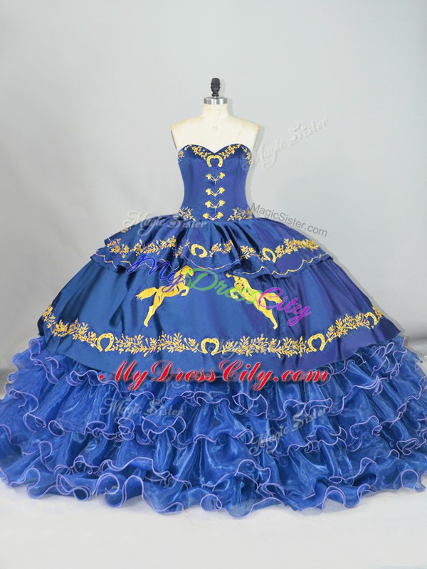 Wonderful Sweetheart Sleeveless Satin and Organza Ball Gown Prom Dress Embroidery and Ruffled Layers Brush Train Lace Up