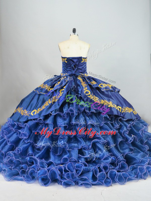 Wonderful Sweetheart Sleeveless Satin and Organza Ball Gown Prom Dress Embroidery and Ruffled Layers Brush Train Lace Up