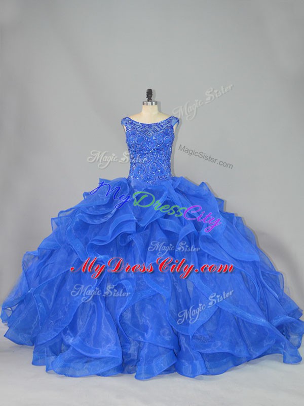 Royal Blue Ball Gowns Organza Scoop Sleeveless Beading and Ruffles Lace Up Vestidos de Quinceanera Brush Train