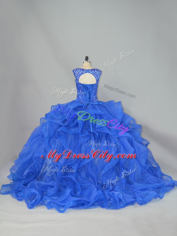 Royal Blue Ball Gowns Organza Scoop Sleeveless Beading and Ruffles Lace Up Vestidos de Quinceanera Brush Train