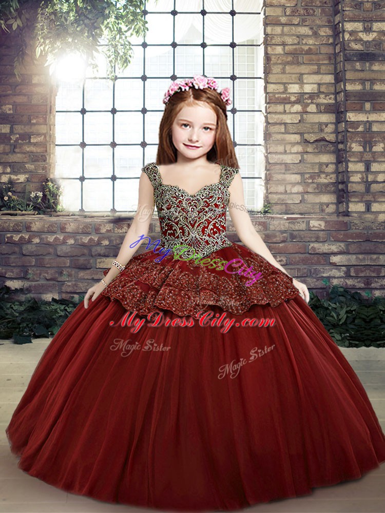 Red Sleeveless Tulle Lace Up Little Girls Pageant Dress for Party and Sweet 16 and Wedding Party