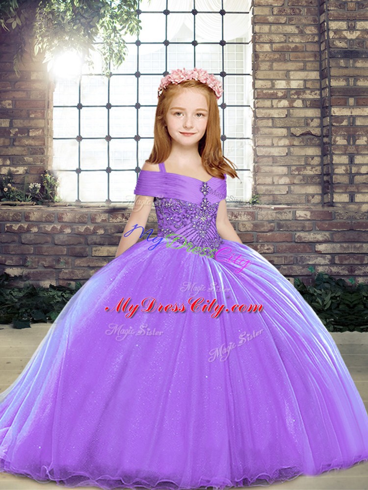 Classical Brush Train Ball Gowns Kids Pageant Dress Lavender Straps Tulle Sleeveless Lace Up