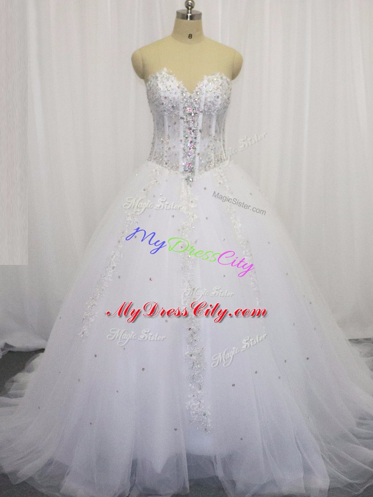 Lace Up Wedding Dress White for Wedding Party with Beading and Appliques Court Train