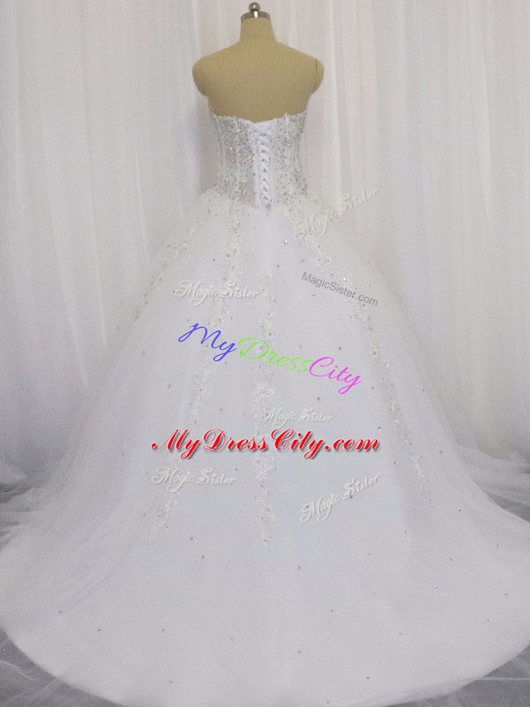 Lace Up Wedding Dress White for Wedding Party with Beading and Appliques Court Train