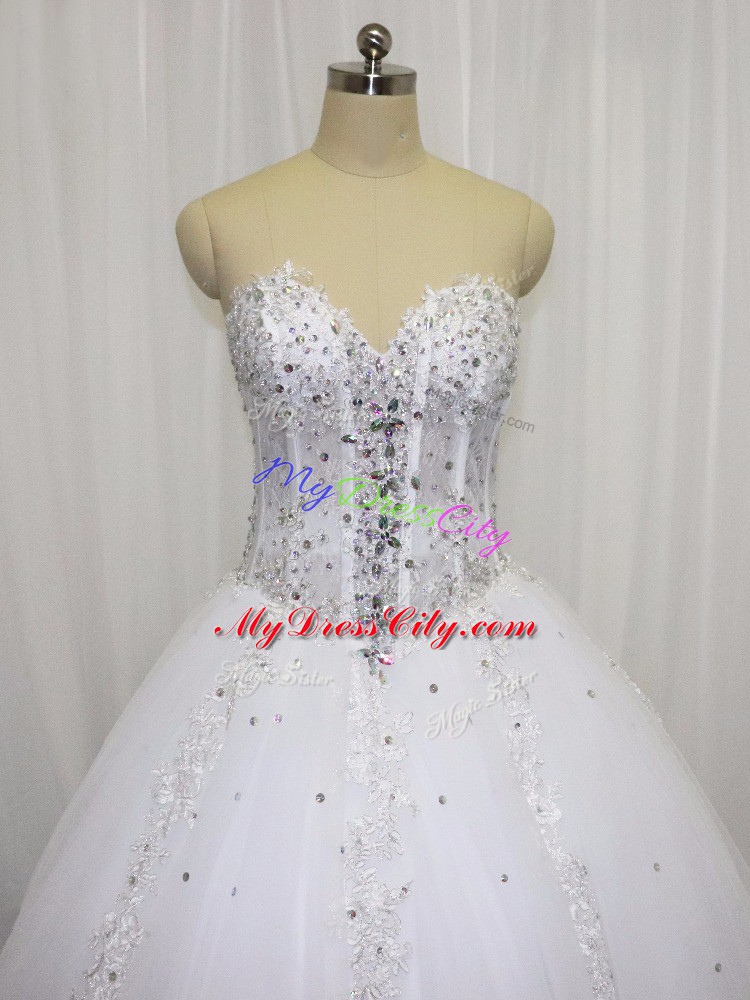 Lace Up Wedding Dress White for Wedding Party with Beading and Appliques Court Train