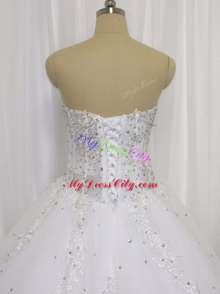 Lace Up Wedding Dress White for Wedding Party with Beading and Appliques Court Train